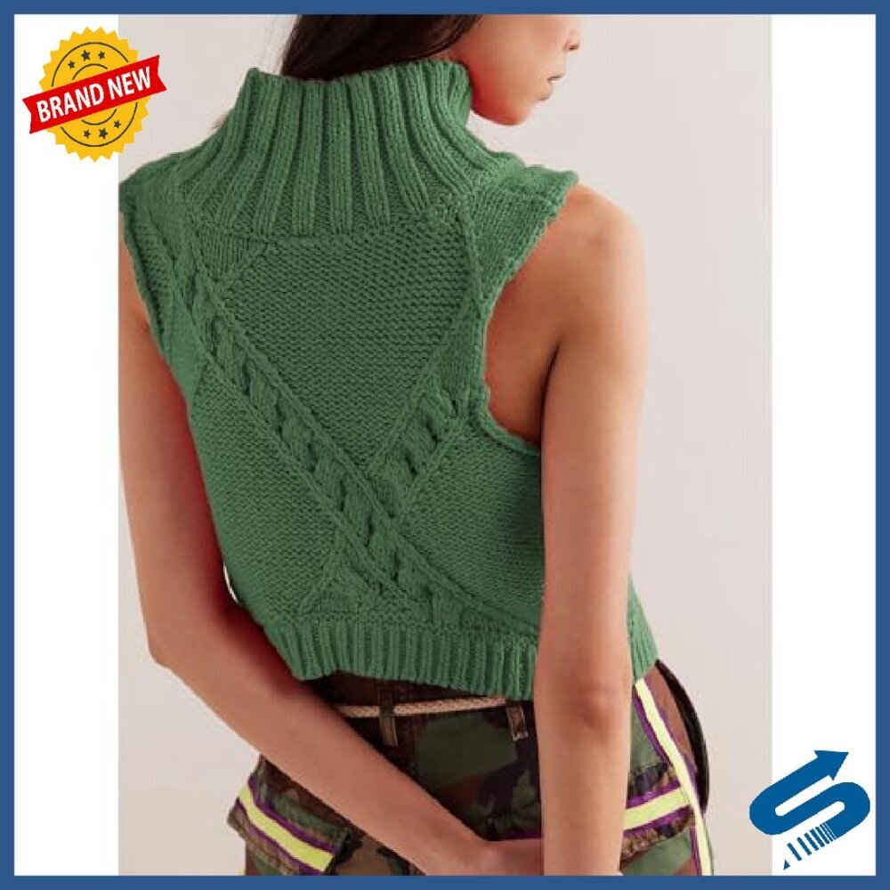 Cotton Crochet Turtleneck Sweater Vest Women's Sleeveless Pullover Fall - Picture 3 of 8